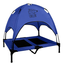 Load image into Gallery viewer, Just Chillin' Elevated Dog Bed Cot with Removable Canopy. Lightweight and Portable. High Quality Steel Construction. Large Blue 36” L x 30” W x 43” H