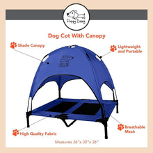 Load image into Gallery viewer, Just Chillin' Elevated Dog Bed Cot with Removable Canopy. Lightweight and Portable. High Quality Steel Construction. Large Blue 36” L x 30” W x 43” H