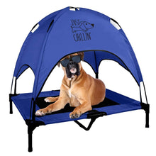 Load image into Gallery viewer, Just Chillin' Elevated Dog Bed Cot with Removable Canopy. Lightweight and Portable. High Quality Steel Construction. Large Blue 36” L x 30” W x 43” H