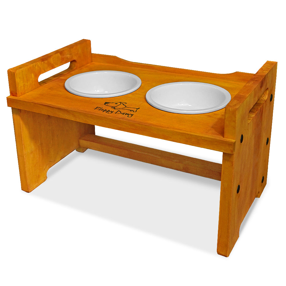 Elevated Wooden Dog Bowl Stand with 2 Ceramic Bowls. Raised Pet Feeder Stand for Small and Medium-Sized Dogs. Measures 15.50 Inches Wide by 9.50 Inches High. Feed Your Dog in Style.
