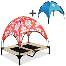Load image into Gallery viewer, Just Chillin’ Elevated Dog Bed. LuxLife Edition - Premium Cot Includes Two Designer Canopies. Lightweight and Portable, Indoor or Outdoor. Chill in Style on Raised Breathable Mesh Fabric. Large 36 L x 30 W x 43 H