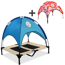 Load image into Gallery viewer, Just Chillin’ Elevated Dog Bed. LuxLife Edition - Premium Cot Includes Two Designer Canopies. Lightweight and Portable, Indoor or Outdoor. Chill in Style on Raised Breathable Mesh Fabric. Large 36 L x 30 W x 43 H