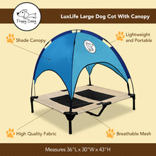 Load image into Gallery viewer, Just Chillin’ Elevated Dog Bed. LuxLife Edition - Premium Cot Includes Two Designer Canopies. Lightweight and Portable, Indoor or Outdoor. Chill in Style on Raised Breathable Mesh Fabric. Large 36 L x 30 W x 43 H