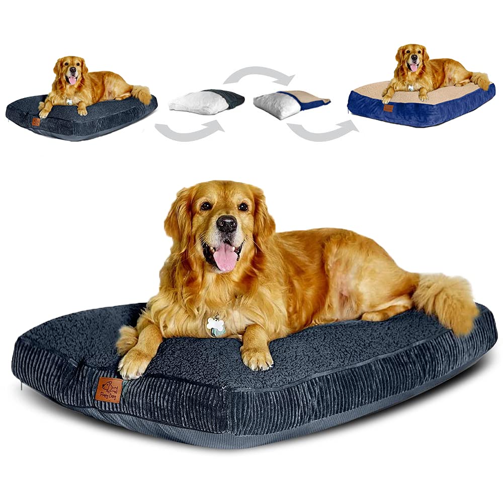 Large Dog Bed with Blended Memory Foam, Two Removable Interchangeable Covers and Waterproof Liner. Made for Dogs up to 90lbs or More.