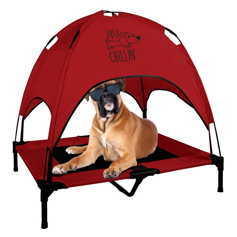Just Chillin' Elevated Dog Bed Cot with Removable Canopy. Lightweight and Portable.  High Quality Steel Construction.  Large Red 36” L x 30” W x 43” H