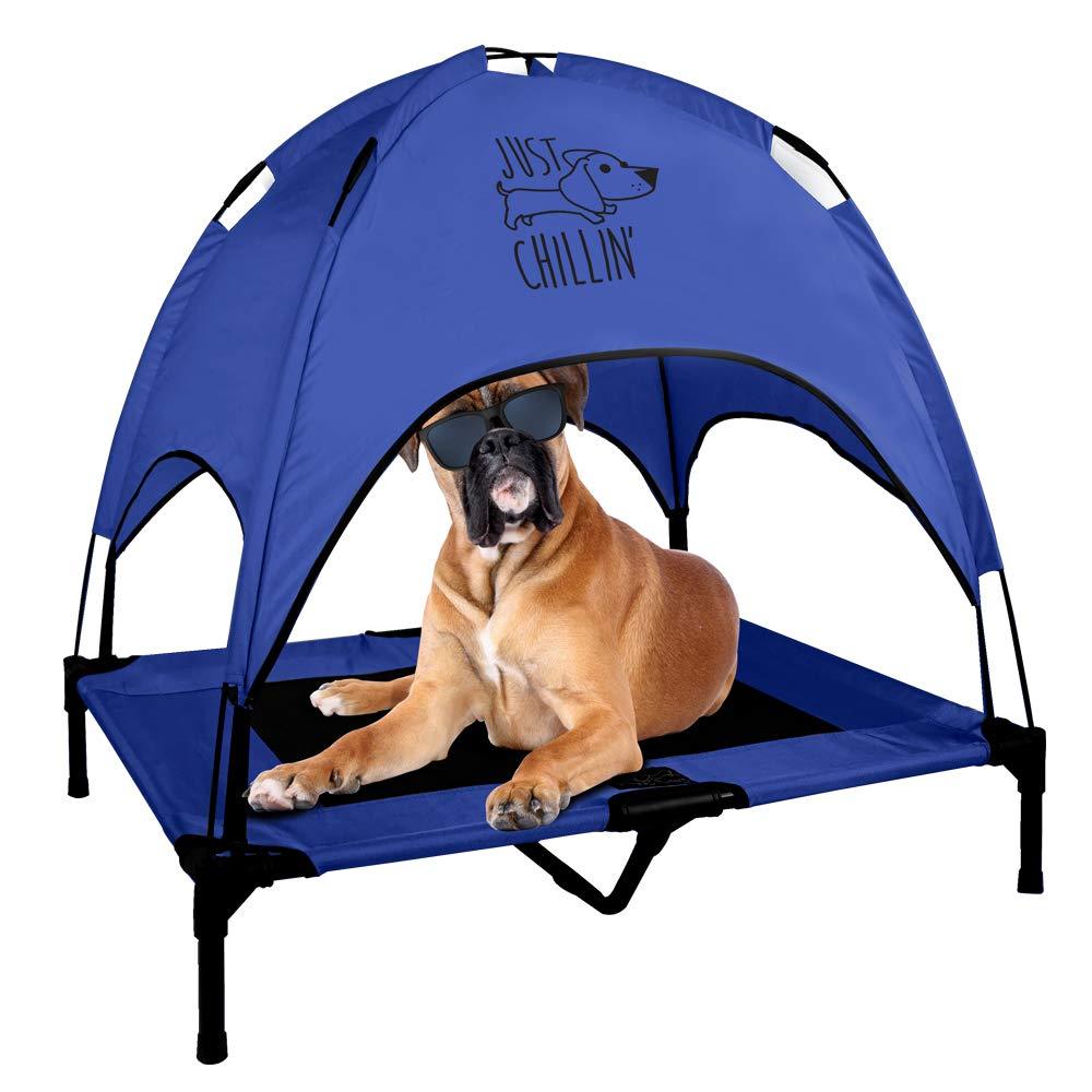 Just Chillin' Elevated Dog Bed Cot with Removable Canopy. Lightweight and Portable.  High Quality Steel Construction.  Large Blue 36” L x 30” W x 43” H