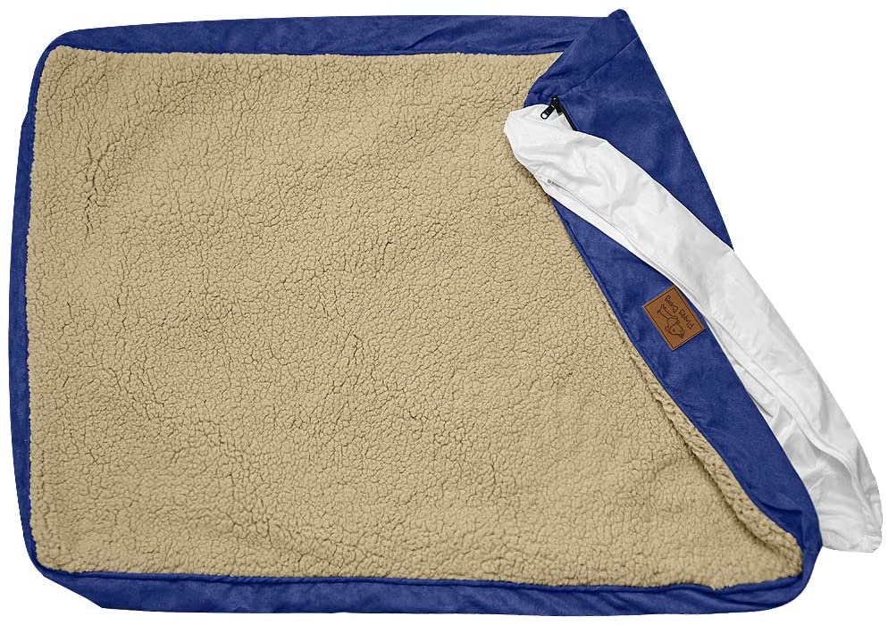 Large Dog Bed Replacement Cover and Waterproof Liner for Pillows up to 40” L x 28” W – Blue and Beige