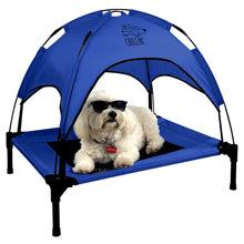 Load image into Gallery viewer, Just Chillin&#39; Elevated Dog Bed Cot with Removable Canopy. Lightweight and Portable.  High Quality Steel Construction.  Medium Blue 30” L x 24” W x 28” H
