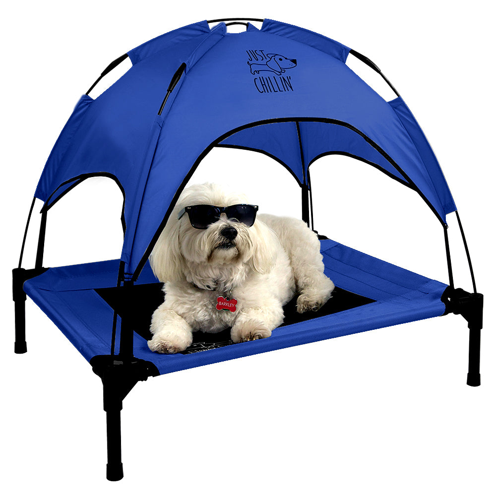 Just Chillin' Elevated Dog Bed Cot with Removable Canopy. Lightweight and Portable.  High Quality Steel Construction.  Medium Blue 30” L x 24” W x 28” H
