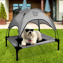 Load image into Gallery viewer, Just Chillin&#39; Elevated Dog Bed Cot with Removable Canopy. Lightweight and Portable.  High Quality Steel Construction.  Medium Gray 30” L x 24” W x 28” H
