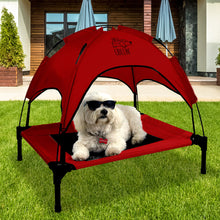 Load image into Gallery viewer, Just Chillin&#39; Elevated Dog Bed Cot with Removable Canopy. Lightweight and Portable.  High Quality Steel Construction.  Medium Red 30” L x 24” W x 28” H
