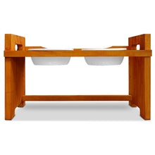 Load image into Gallery viewer, Elevated Wooden Dog Bowl Stand with 2 Ceramic Bowls. Raised Pet Feeder Stand for Small and Medium-Sized Dogs. Measures 15.50 Inches Wide by 9.50 Inches High. Feed Your Dog in Style.

