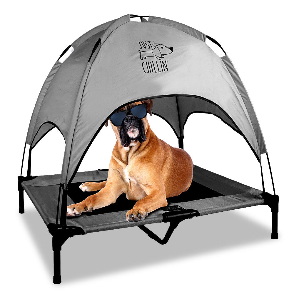 Just Chillin' Elevated Dog Bed Cot with Removable Canopy. Lightweight and Portable.  High Quality Steel Construction.  Large Gray 36” L x 30” W x 43” H