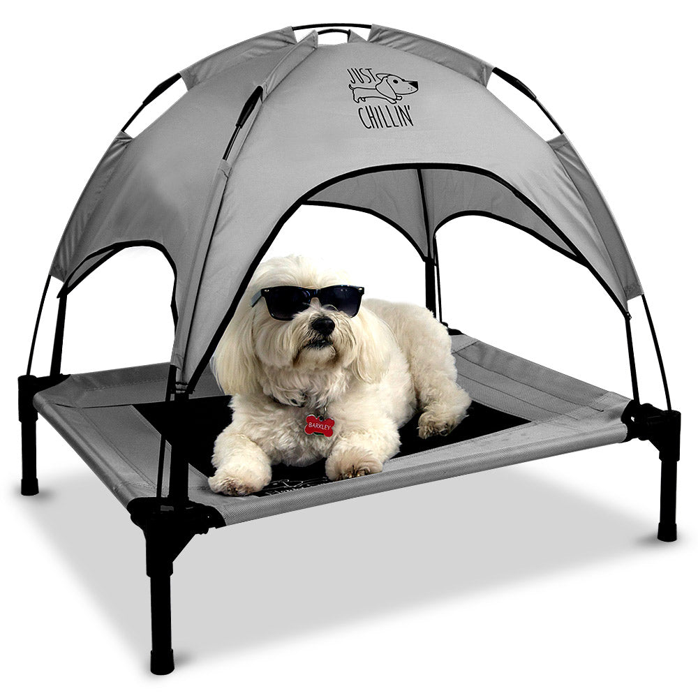 Just Chillin' Elevated Dog Bed Cot with Removable Canopy. Lightweight and Portable.  High Quality Steel Construction.  Medium Gray 30” L x 24” W x 28” H