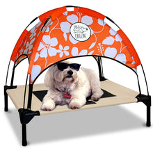 Load image into Gallery viewer, Just Chillin’ Elevated Dog Bed. LuxLife Edition - Premium Cot Includes Two Designer Canopies. Lightweight and Portable, Indoor or Outdoor. Chill in Style on Raised Breathable Mesh Fabric. Medium 30 L x 24 W x 28 H
