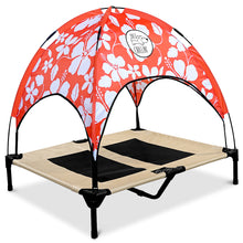 Load image into Gallery viewer, Just Chillin’ Elevated Dog Bed. LuxLife Edition - Premium Cot Includes Two Designer Canopies. Lightweight and Portable, Indoor or Outdoor. Chill in Style on Raised Breathable Mesh Fabric. Large 36 L x 30 W x 43 H
