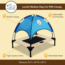 Load image into Gallery viewer, Just Chillin’ Elevated Dog Bed. LuxLife Edition - Premium Cot Includes Two Designer Canopies. Lightweight and Portable, Indoor or Outdoor. Chill in Style on Raised Breathable Mesh Fabric. Medium 30 L x 24 W x 28 H
