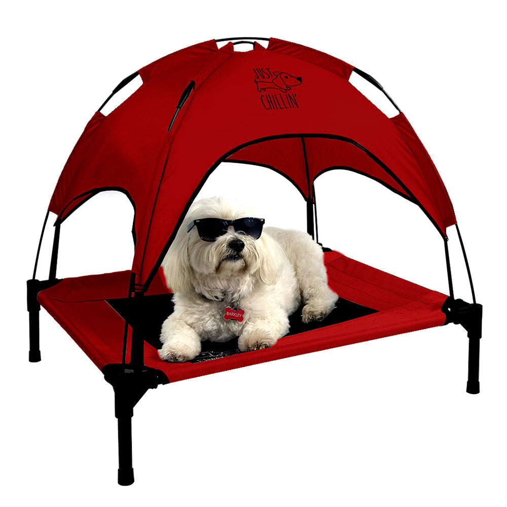 Just Chillin' Elevated Dog Bed Cot with Removable Canopy. Lightweight and Portable.  High Quality Steel Construction.  Medium Red 30” L x 24” W x 28” H