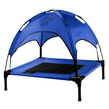 Load image into Gallery viewer, Just Chillin&#39; Elevated Dog Bed Cot with Removable Canopy. Lightweight and Portable.  High Quality Steel Construction.  Medium Blue 30” L x 24” W x 28” H
