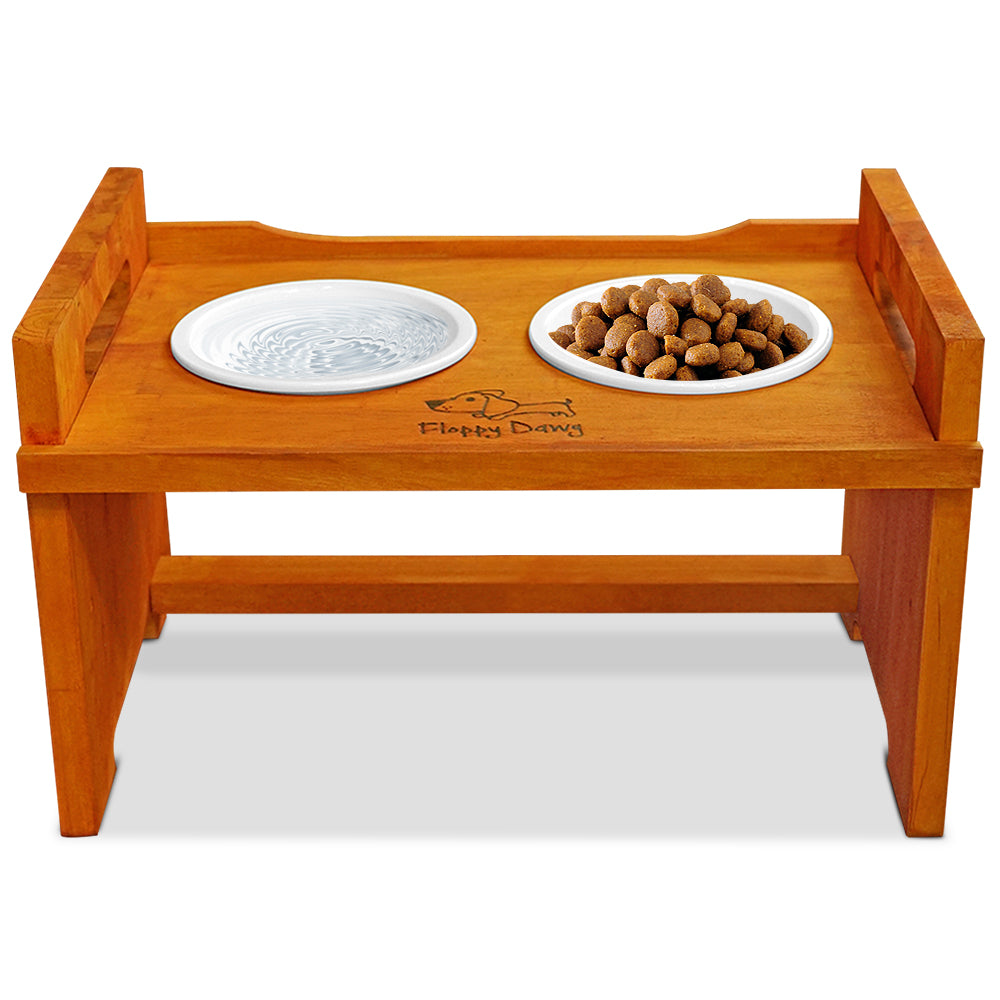 Floppy Dawg Elevated Wooden Dog Bowl Stand with 2 Ceramic Bowls